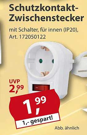 Schutzkontakt-Zwischenstecker mit Schalter, für innen (IP20), Art. 172050122