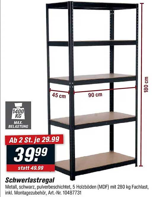 Schwerlastregal - Metall, schwarz, pulverbeschichtet, 5 Holzplatten (MDF)