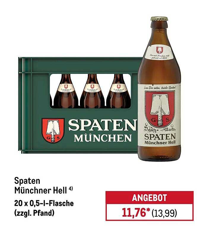 Spaten Münchner Hell 20 x 0,5-l-Flasche (zzgl. Pfand)