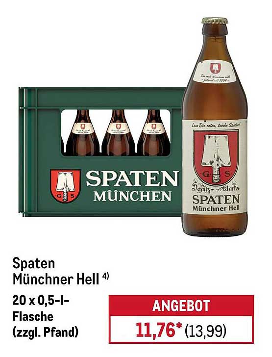 Spaten Münchner Hell 20 x 0,5-l-Flasche (zzgl. Pfand)