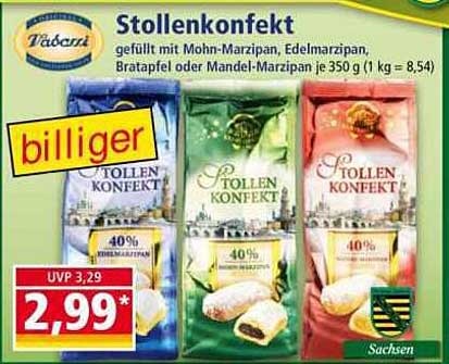 Stollenkonfekt - gefüllt mit Mohn-Marzipan, Edelmarzipan, Bratapfel oder Mandel-Marzipan