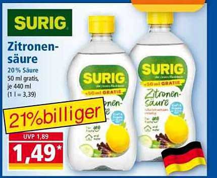 SURIG Zitronensäure 440 ml (20% Säure) - 50 ml gratis!