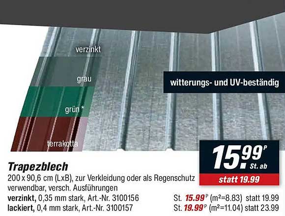 Trapezblech 200 x 90,6 cm (LxB) zur Verkleidung oder als Regenschutz