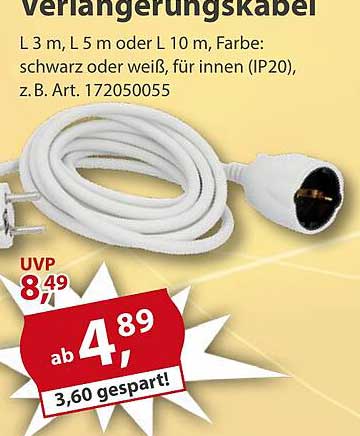 Verlängerungskabel 3 m, 5 m oder 10 m, Farbe: schwarz oder weiß