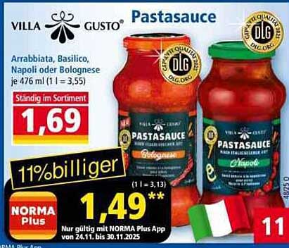 VILLA GUSTO Pastasauce – Arrabbiata, Basilico, Napoli oder Bolognese 476ml