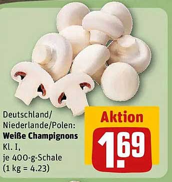 Weiße Champignons Kl. I, je 400-g-Schale (1 kg = 4,23)