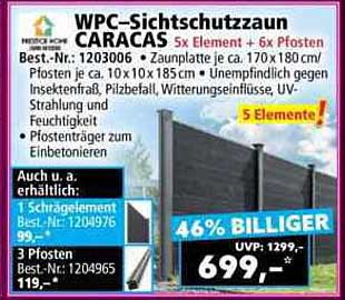 WPC-Sichtschutzzaun CARACAS 5x Elemente + 6x Pfosten