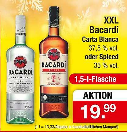XXL Bacardí Carta Blanca oder Spiced 1,5 l Flasche
