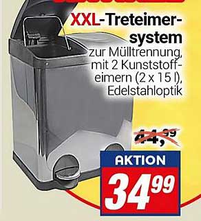 XXL-Treteimer-System zur Mülltrennung, mit 2 Kunststoffeimern (2 x 15 l), Edelstahllook