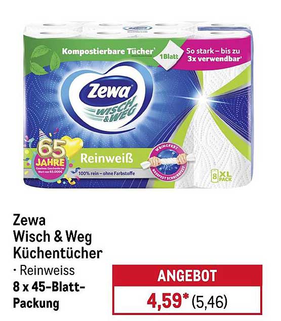Zewa Wisch & Weg Küchentücher - Reinweiß, 8 x 45-Blatt-Packung