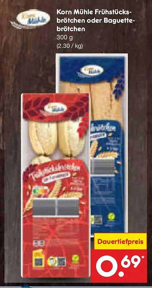 Korn Mühle Frühstücksbrötchen oder Baguettebrötchen 300 g (2,30 / kg)