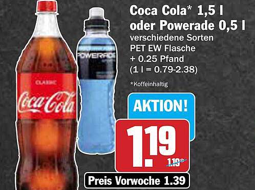 Coca Cola 1,5 l oder Powerade 0,5 l – verschiedene Sorten