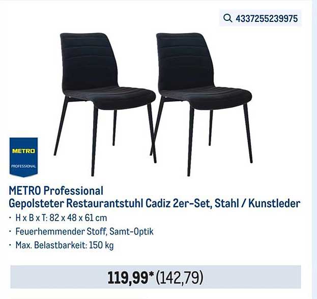 Gepolsterter Restaurantstuhl Cadiz 2er-Set, Stahl / Kunstleder