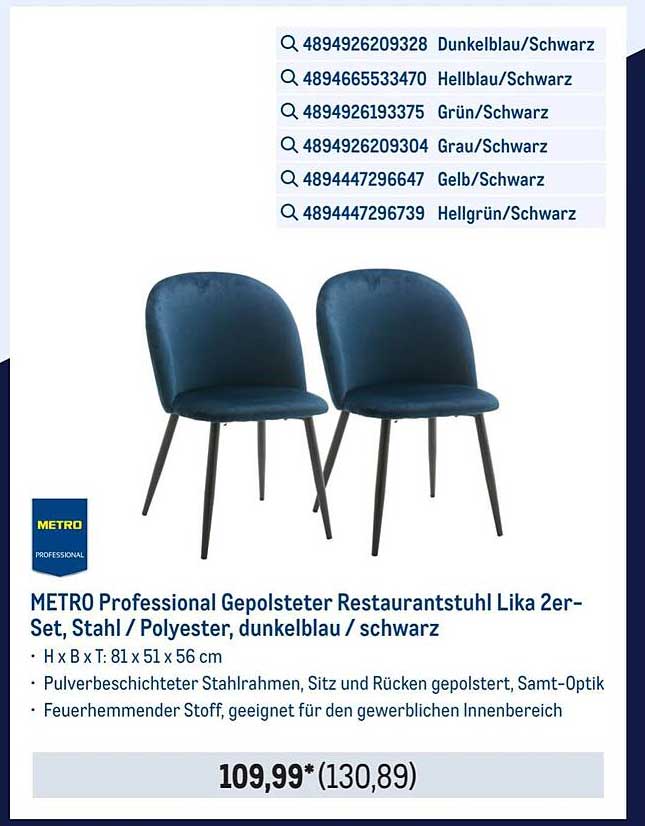 METRO Professional Gepolsterter Restaurantstuhl Lika 2er-Set, Stahl / Polyester, dunkelblau / schwarz