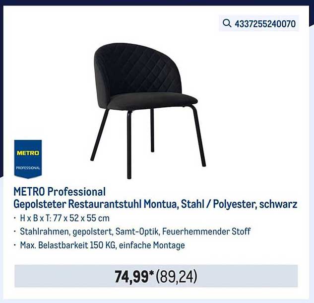 METRO Professional Gepolsterter Restaurantstuhl Montua, Stahl / Polyester, schwarz