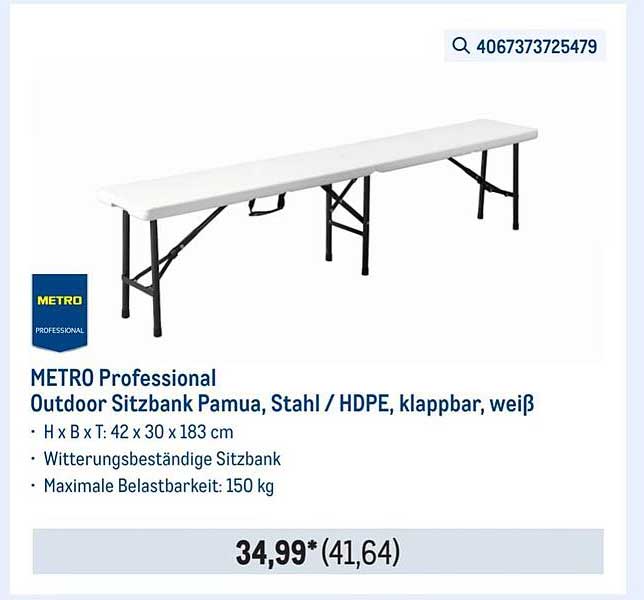 METRO Professional Outdoor Sitzbank Pamua, Stahl / HDPE, klappbar, weiß