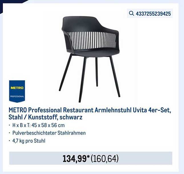 METRO Professional Restaurant Armlehnenstuhl Uvita 4er-Set, Stahl / Kunststoff, schwarz