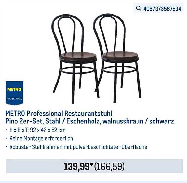 METRO Professional Restaurantstuhl Pino 2er-Set, Stahl/Eschenholz, walnussbraun/schwarz