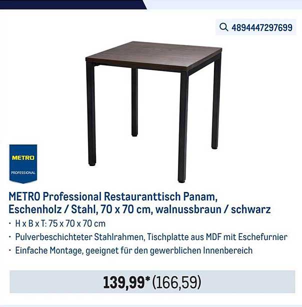 METRO Professional Restauranttisch Panam, Eschenholz / Stahl, 70 x 70 cm, walnussbraun / schwarz
