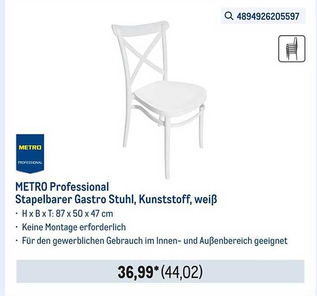 METRO Professional Stapelbarer Gastro Stuhl, Kunststoff, weiß