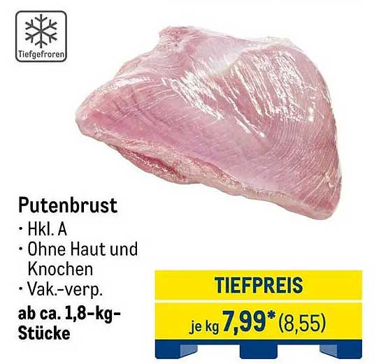 Putenbrust Hkl. A - Tiefgefroren ohne Haut und Knochen
