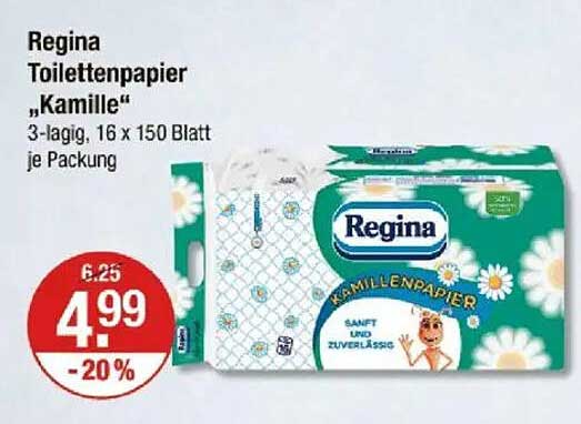 Regina Toilettenpapier "Kamille" - 3-lagig, 16 x 150 Blatt je Packung