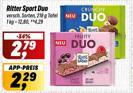Ritter Sport Duo – verschiedene Sorten, 218 g Tafel