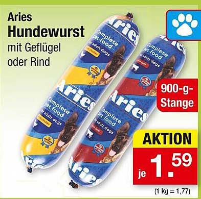 Aries Hundewurst mit Geflügel oder Rind – 900 g Stange