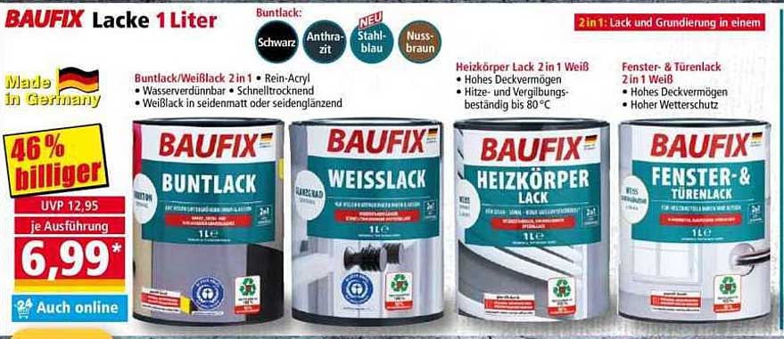 BAUFIX Lacke 1 Liter - Schwarz, Anthrazit, Stahl-blau, Nuss-braun