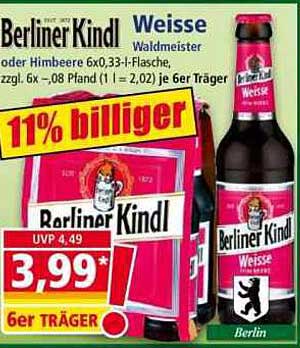 Berliner Kindl Weisse Waldmeister oder Himbeere 6x0,33-l-Flasche, 6er Träger