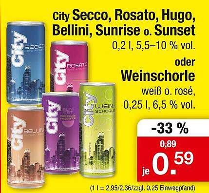 City Secco, Rosato, Hugo, Bellini, Sunrise o. Sunset 0,2 l oder Weinschorle 0,25 l