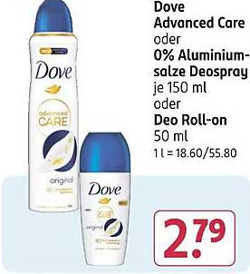 Dove Advanced Care oder 0% Aluminiumsalze Deospray je 150 ml oder Deo Roll-on 50 ml