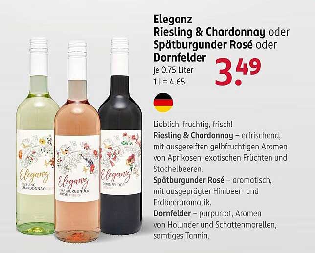 Eleganz Riesling & Chardonnay oder Spätburgunder Rosé oder Dornfelder je 0,75 Liter
