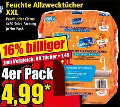 Feuchte Allzwecktücher XXL 4er Pack - Peach oder Citrus
