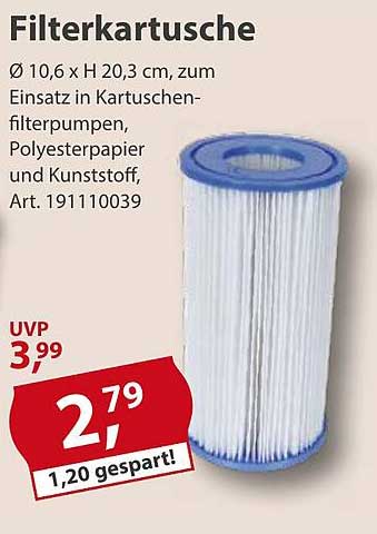 Filterkartusche Ø 10,6 x H 20,3 cm für Kartuschenfilterpumpen