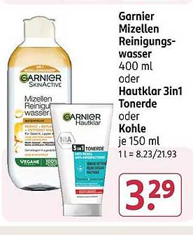 Garnier Mizellen Reinigungswasser 400 ml oder Hautklar 3in1 Tonerde oder Kohle je 150 ml