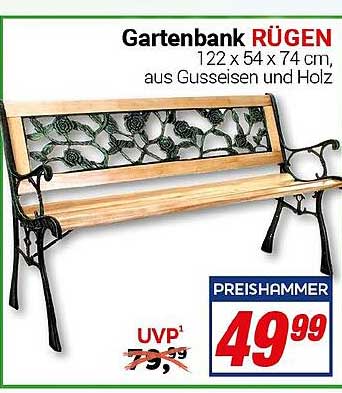 Gartenbank RÜGEN 122 x 54 x 74 cm, aus Gusseisen und Holz