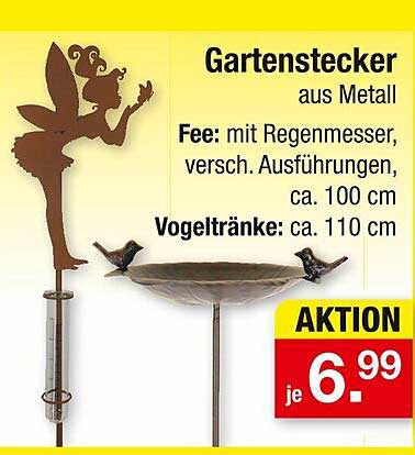 Gartenstecker aus Metall mit Regenmesser und Vogeltränke