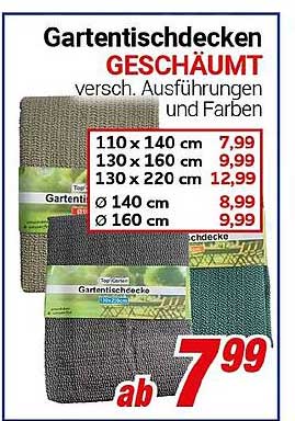 Gartentischdecken geschäumt in verschiedenen Ausführungen und Farben