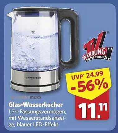 Glas-Wasserkocher 1,7 l mit Wasserstandsanzeige, blauer LED-Effekt