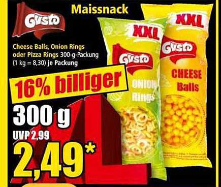 Gusto Maissnack - Cheese Balls, Onion Rings oder Pizza Rings 300-g-Packung