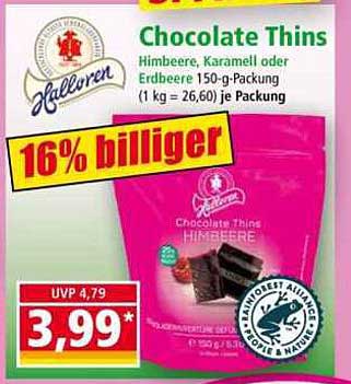 Halloren Chocolate Thins Himbeere, Karamell oder Erdbeere 150-g-Packung