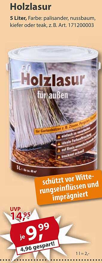 Holzlasur 5 Liter, Farbe: palisander, nussbaum, kiefer oder teak