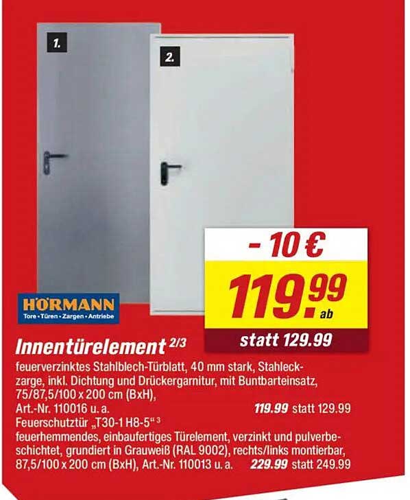 Innentürelement 2/3 - feuerverzinktes Stahlblech-Türblatt, 40 mm stark, inkl. Dichtung und Drückergarnitur