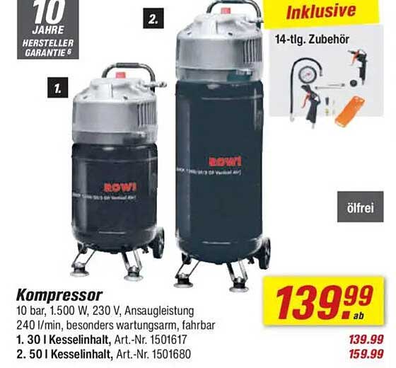Kompressor 10 bar, 1.500 W mit 14-tlg. Zubehör