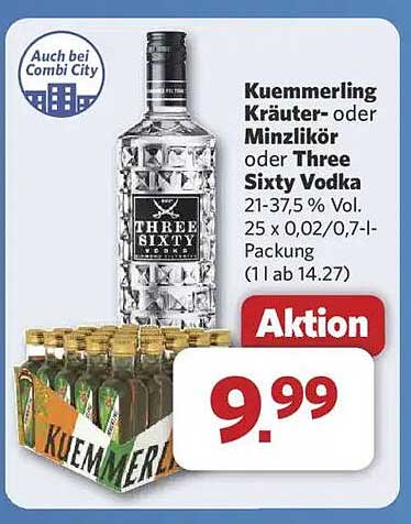 Kuemmerling Kräuter- oder Minzlikör oder Three Sixty Vodka