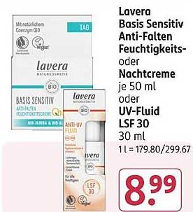 Lavera Basis Sensitiv Anti-Falten Feuchtigkeits- oder Nachtcreme je 50 ml oder UV-Fluid LSF 30 30 ml