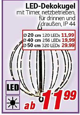 LED-Dekokugel mit Timer, netzbetrieben, für drinnen und draußen, IP 44
