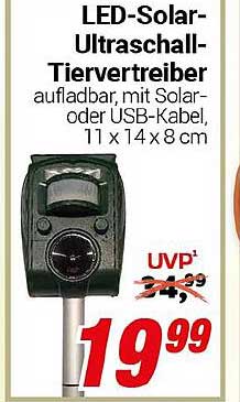 LED-Solar-Ultraschall-Tiervertreiber aufladbar, mit Solar- oder USB-Kabel, 11 x 14 x 8 cm