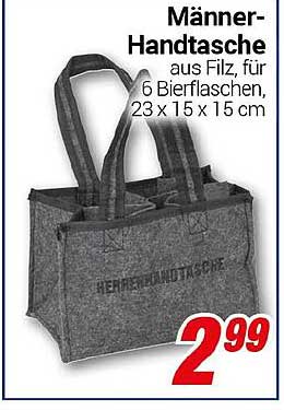 Männer-Handtasche aus Filz für 6 Bierflaschen, 23 x 15 x 15 cm